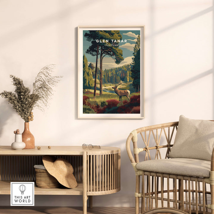 Glen Tanar Wall Art Print featuring a stunning landscape with deer, enhancing home decor with nature's beauty.