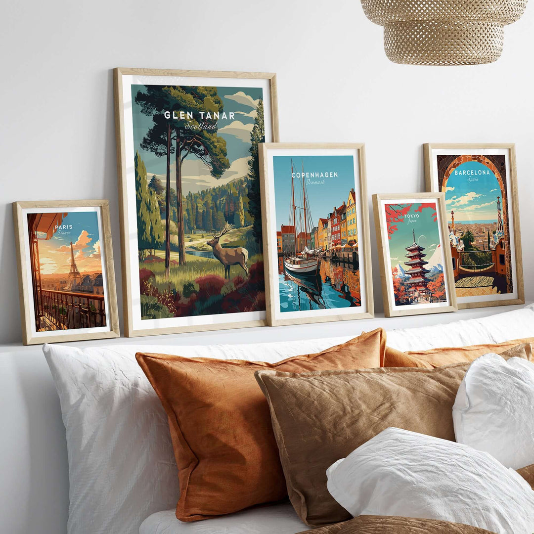 Glen Tanar Wall Art Print featuring vibrant nature landscapes and cityscapes, displayed on a stylish home decor setting.