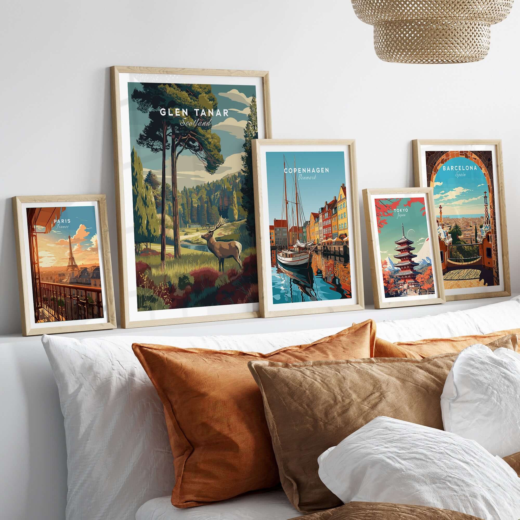 Glen Tanar Wall Art Print showcased among framed travel posters, enhancing home decor with nature's beauty.