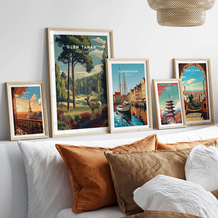 Glen Tanar Wall Art Print featuring vibrant nature landscapes and cityscapes, displayed on a stylish home decor setting.