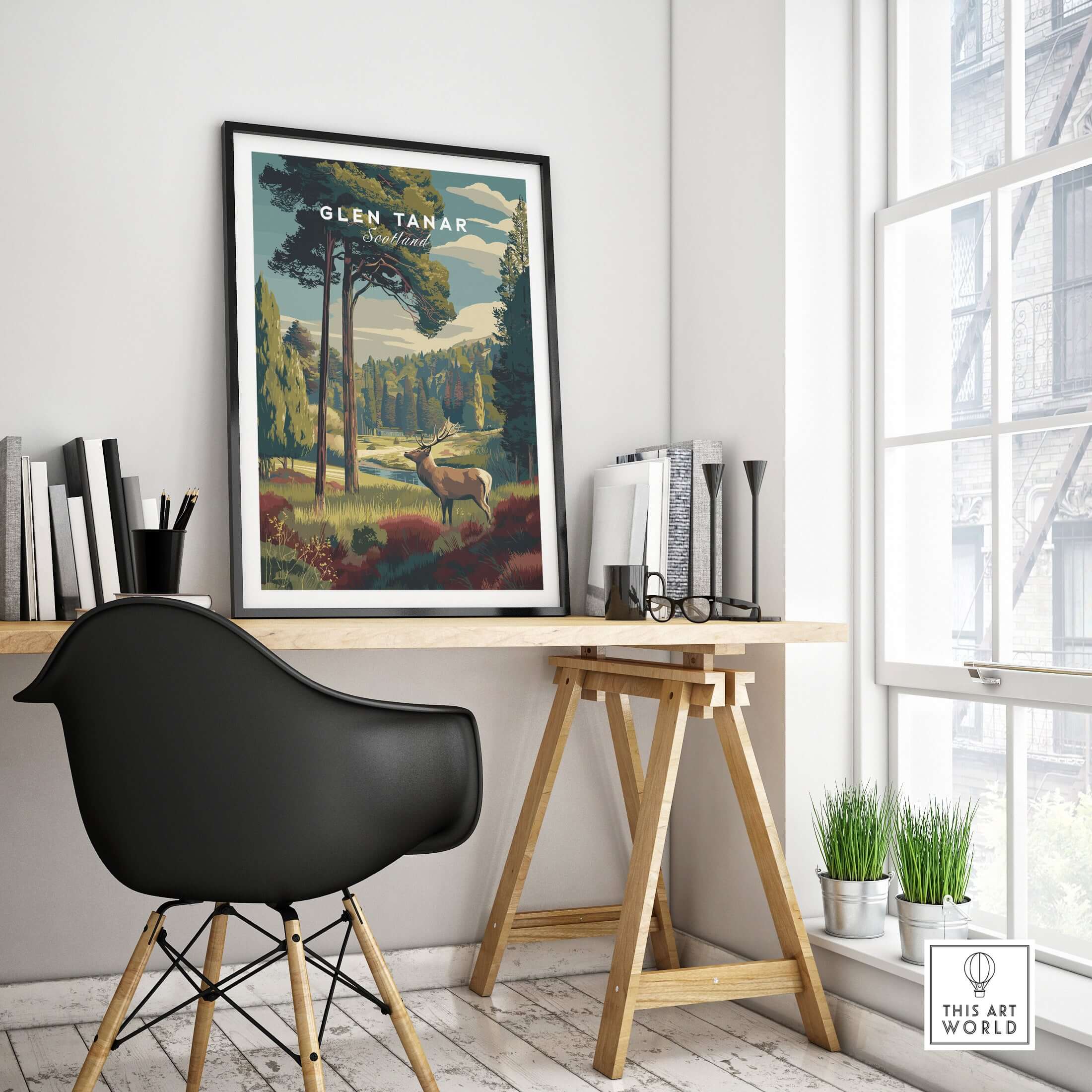 Glen Tanar Wall Art Print displayed in a stylish workspace, showcasing nature's beauty and elegance.