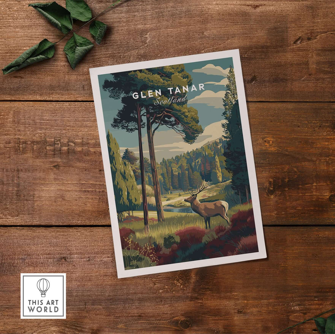 Glen Tanar Wall Art Print featuring a serene Scottish landscape with a deer and trees, perfect for home decor.