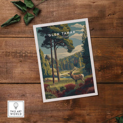 Glen Tanar Wall Art Print featuring a serene Scottish landscape with a deer and trees.