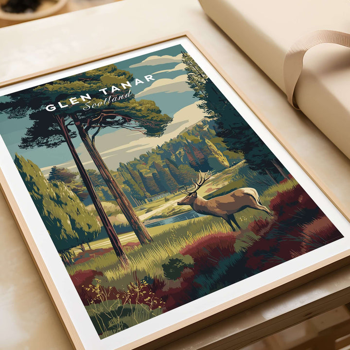 Glen Tanar Wall Art Print featuring a majestic landscape with a stag in Scotland, framed and ready to enhance any room.