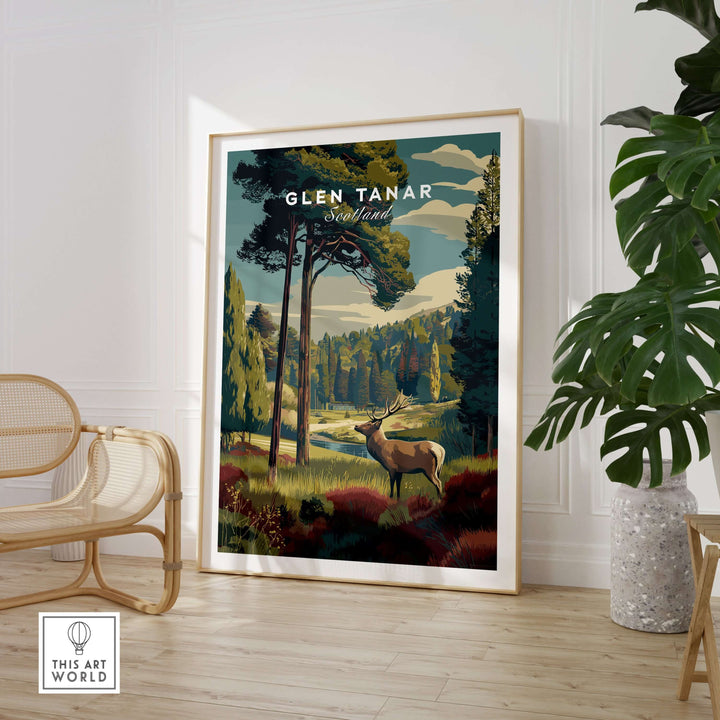Glen Tanar Wall Art Print showcasing a majestic landscape in Scotland with a deer among trees.