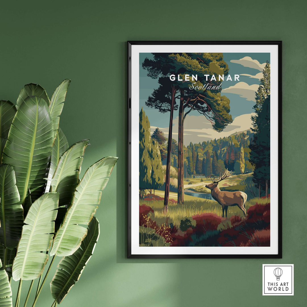 Glen Tanar wall art print showcasing a serene landscape of Scotland with a deer and lush greenery.