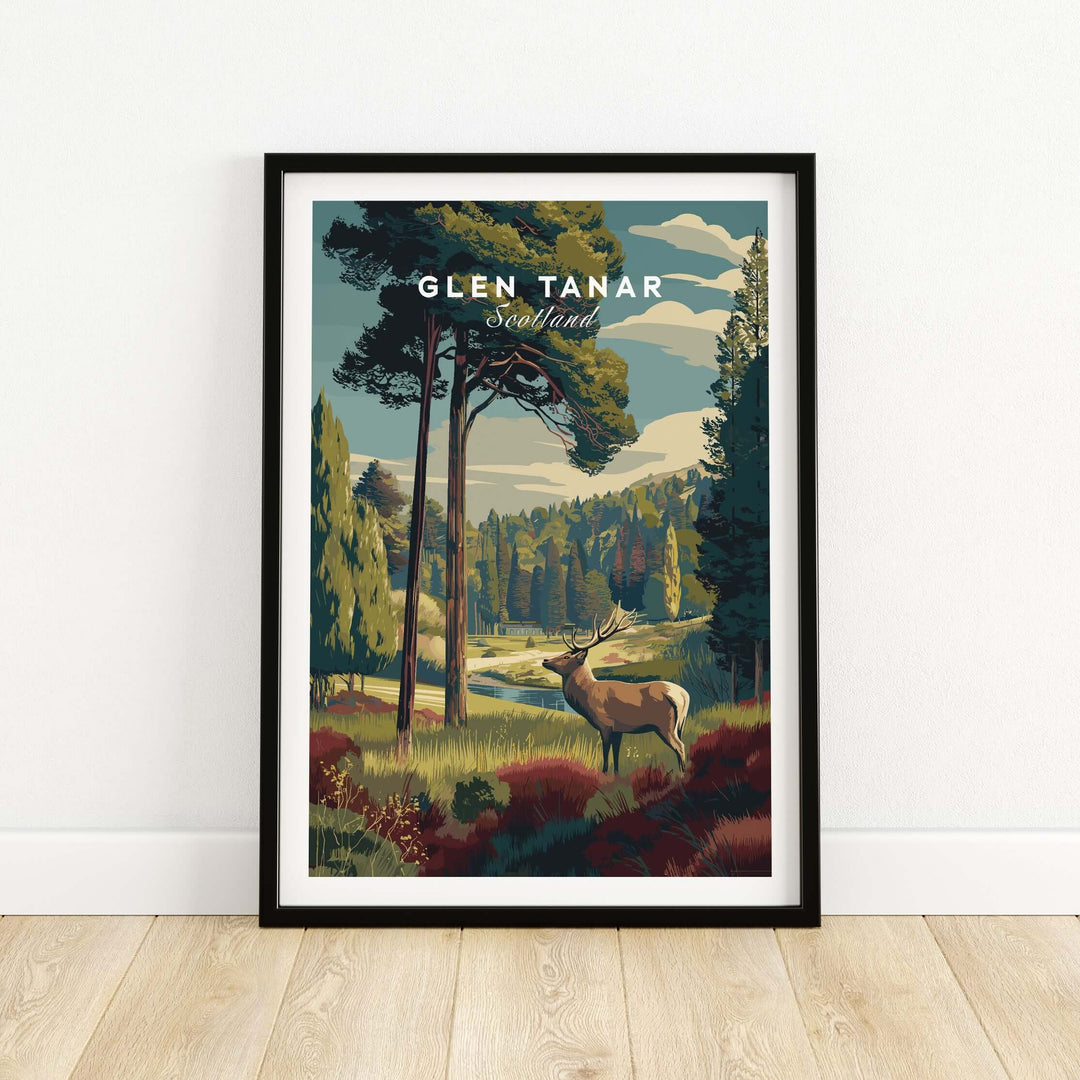 Glen Tanar Wall Art Print featuring a majestic stag in a scenic Scottish landscape.