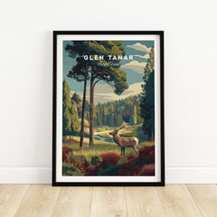 Glen Tanar Wall Art Print featuring a majestic landscape of Scotland with a deer and lush greenery.