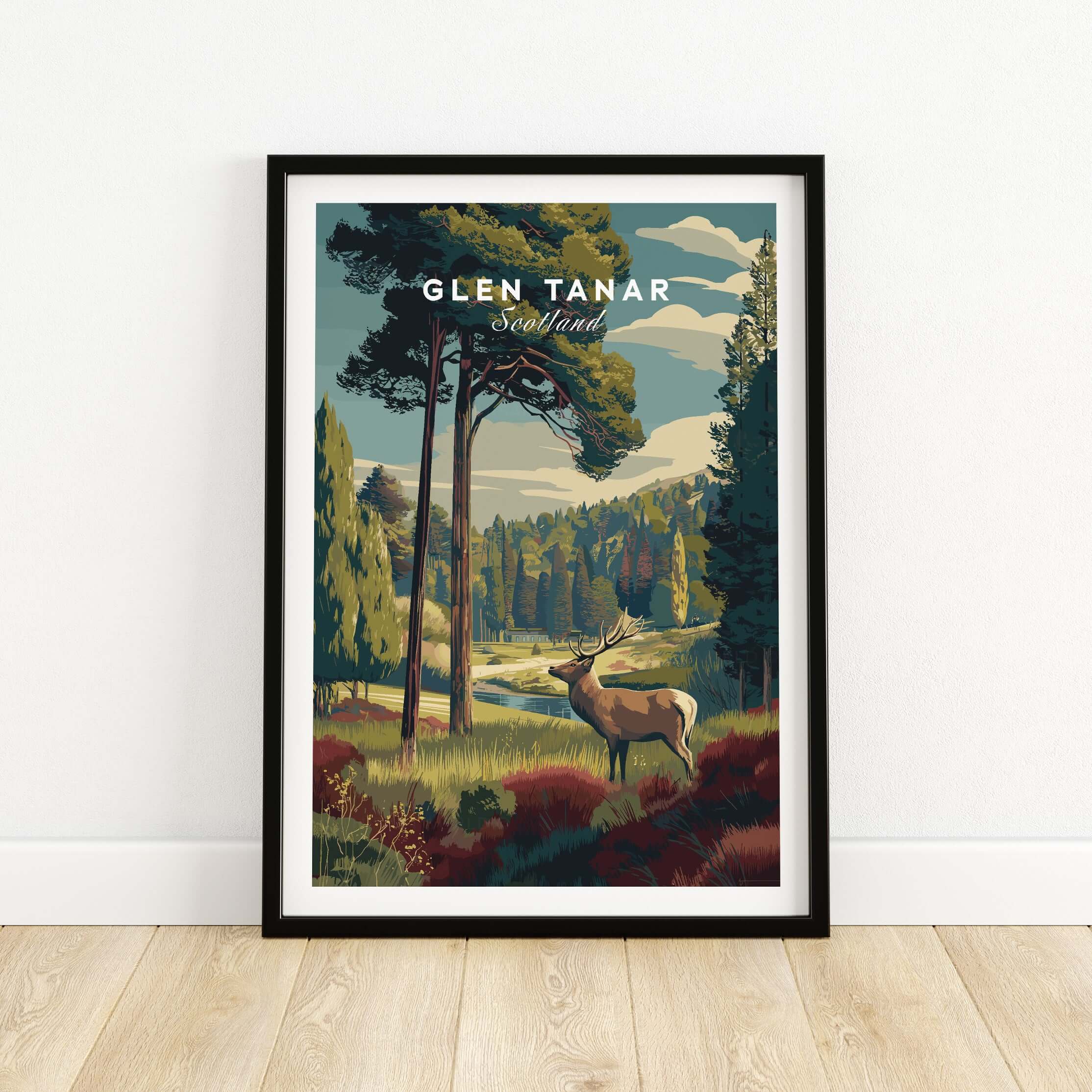 Glen Tanar Wall Art Print featuring a majestic landscape of Scotland with a deer and lush greenery.