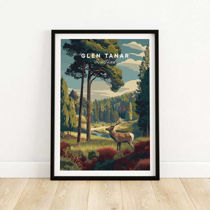 Glen Tanar Wall Art Print featuring a majestic stag in a scenic Scottish landscape.