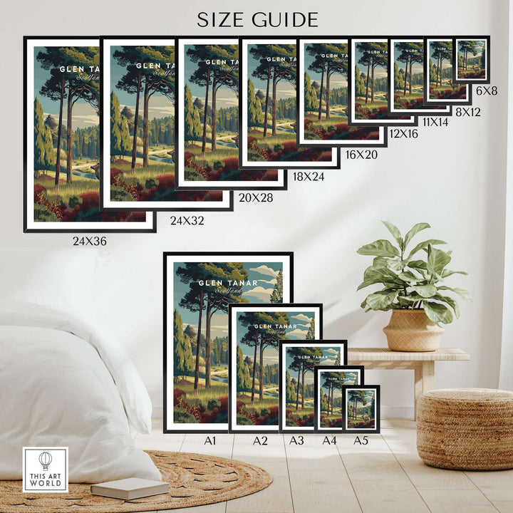 Glen Tanar Wall Art Print size guide showcasing various frame dimensions against an elegant home interior backdrop.