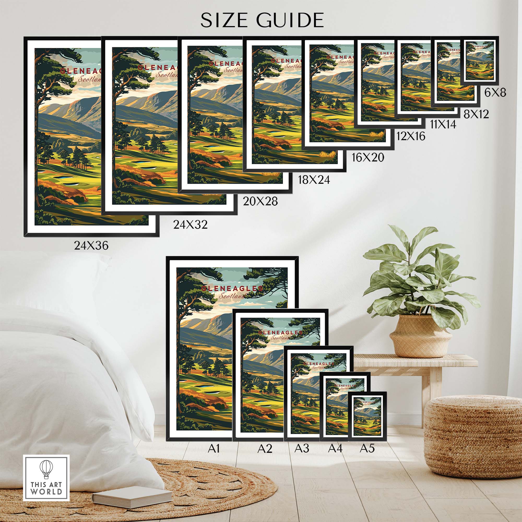 Gleneagles Golf Print Scotland size guide showcasing various frame sizes and styles for home decor.