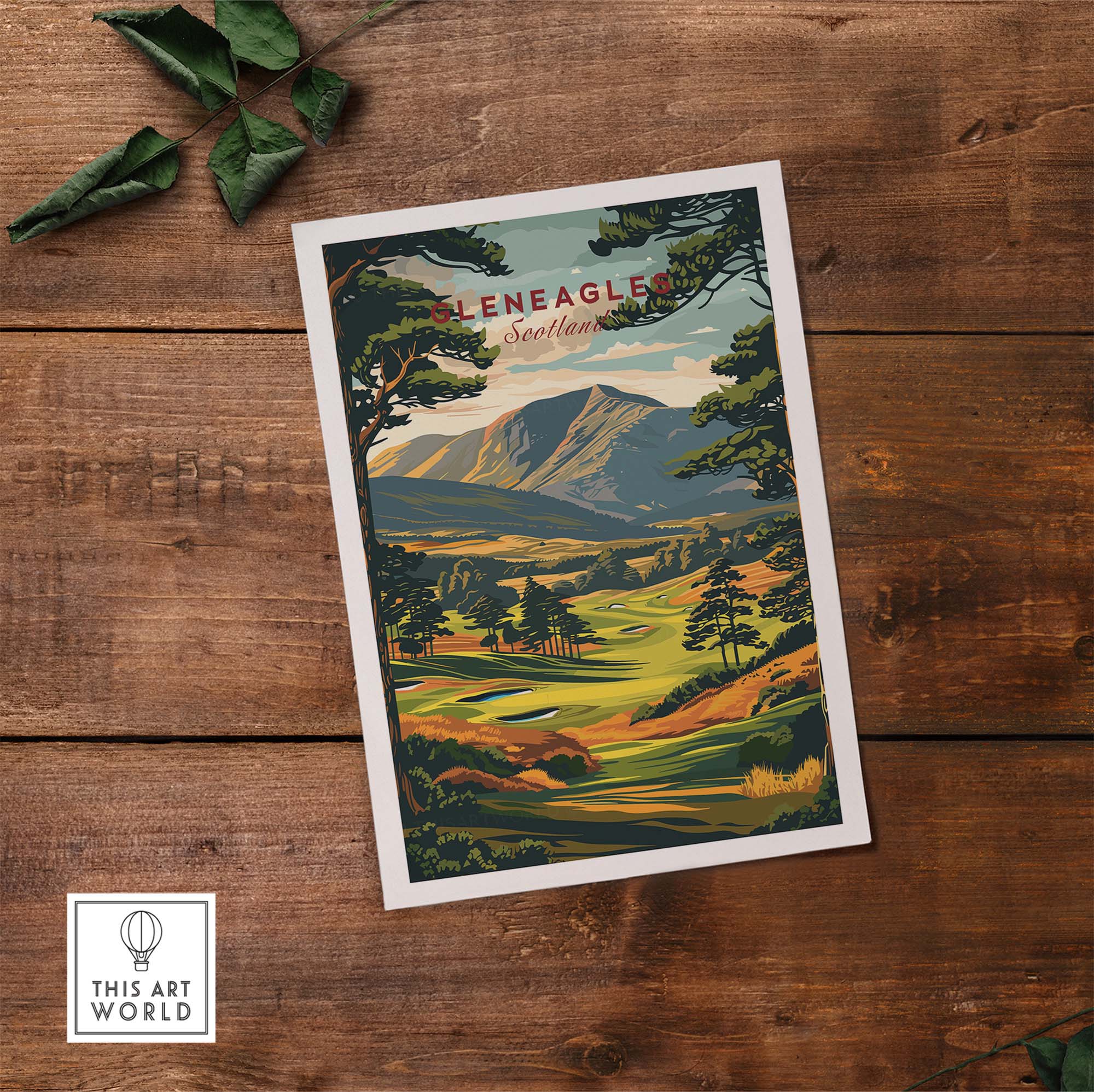 Gleneagles Golf Print Scotland showcasing the picturesque Gleneagles Golf Course in Scotland on a rustic wooden background.