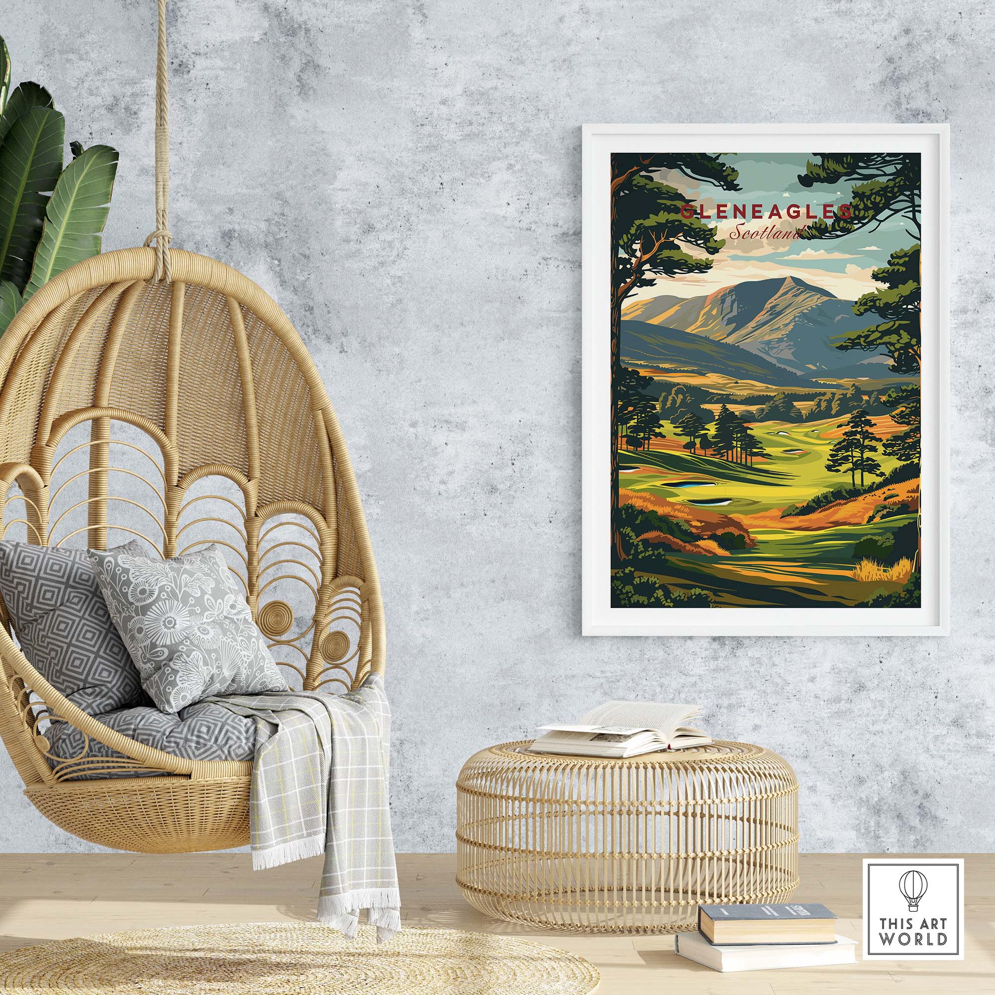 Gleneagles Golf Print Scotland showcasing the scenic beauty of Gleneagles Golf Course in a stylish home setting.