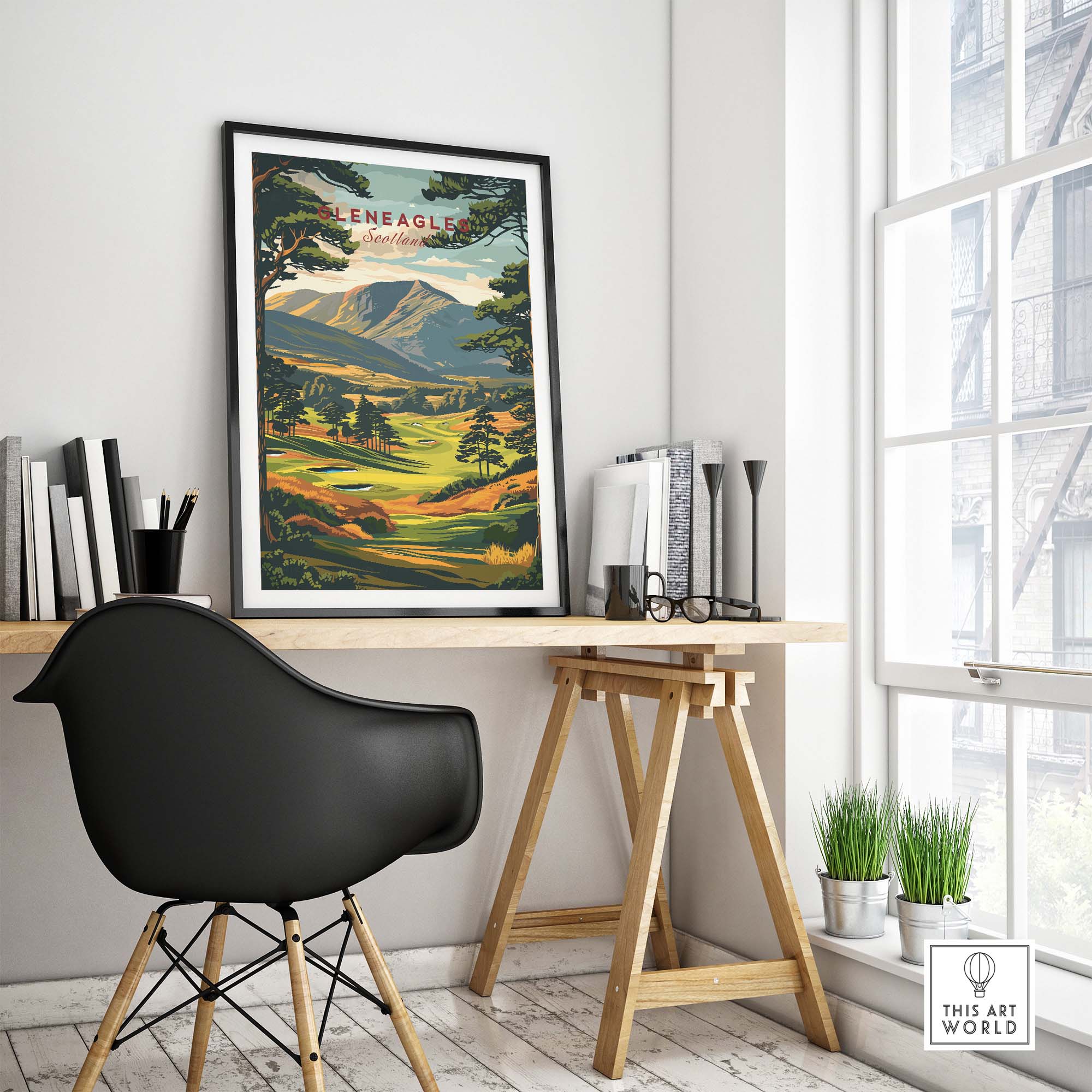Gleneagles Golf Print Scotland displayed in a stylish home office setting, showcasing the beautiful landscape.