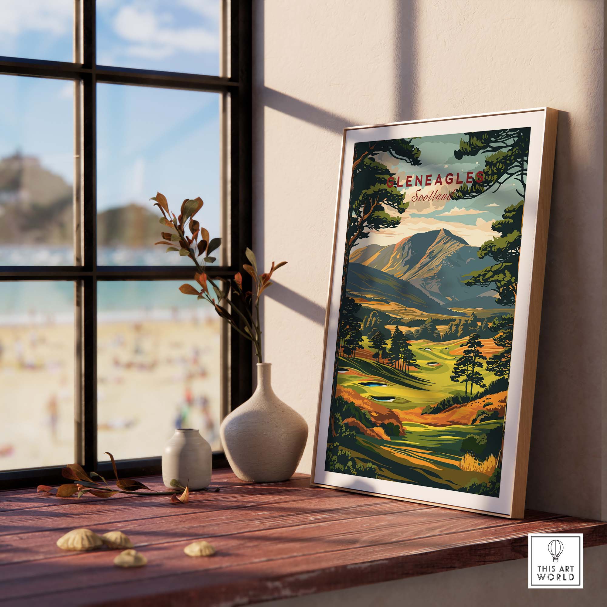 Gleneagles Golf Print Scotland displayed in a stylish frame on a windowsill, capturing the beauty of the course.