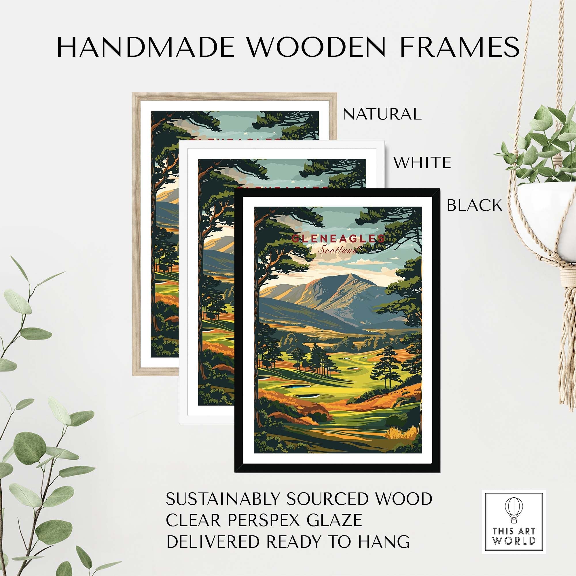 Handmade wooden frames for Gleneagles Golf Print Scotland, available in natural, white, and black finishes.
