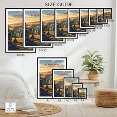 Gleneagles Poster Scotland size guide showing various frame options for the scenic artwork in a stylish living space.
