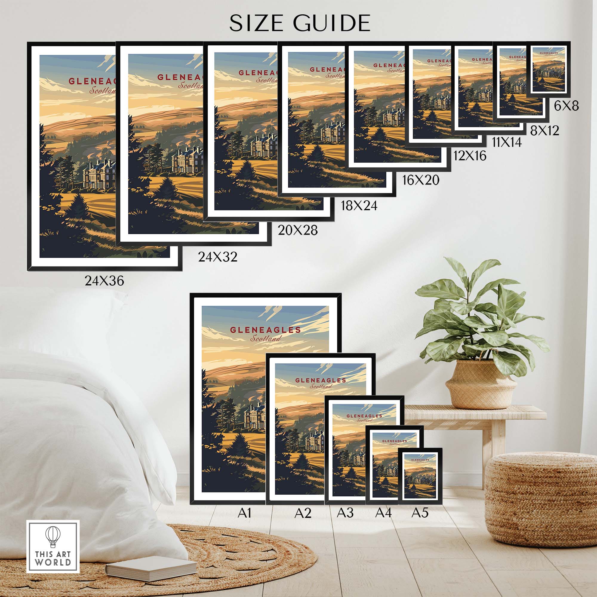 Gleneagles Poster Scotland size guide showing various frame options for the scenic artwork in a stylish living space.