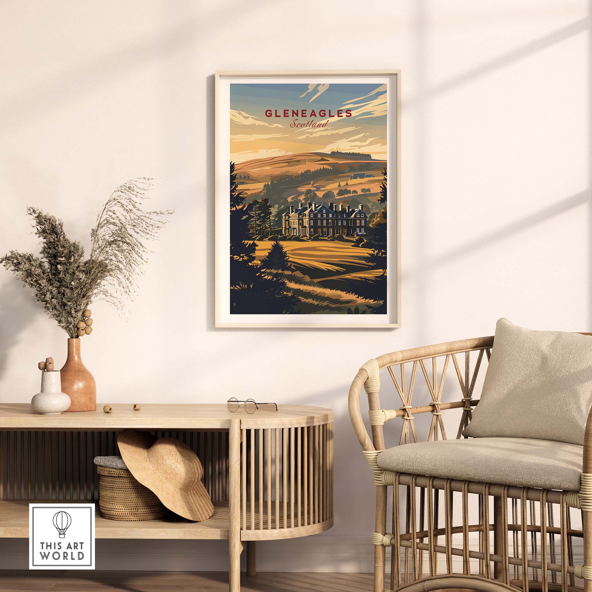 Gleneagles Poster Scotland displayed in a stylish interior, showcasing the iconic landscape of Scotland.