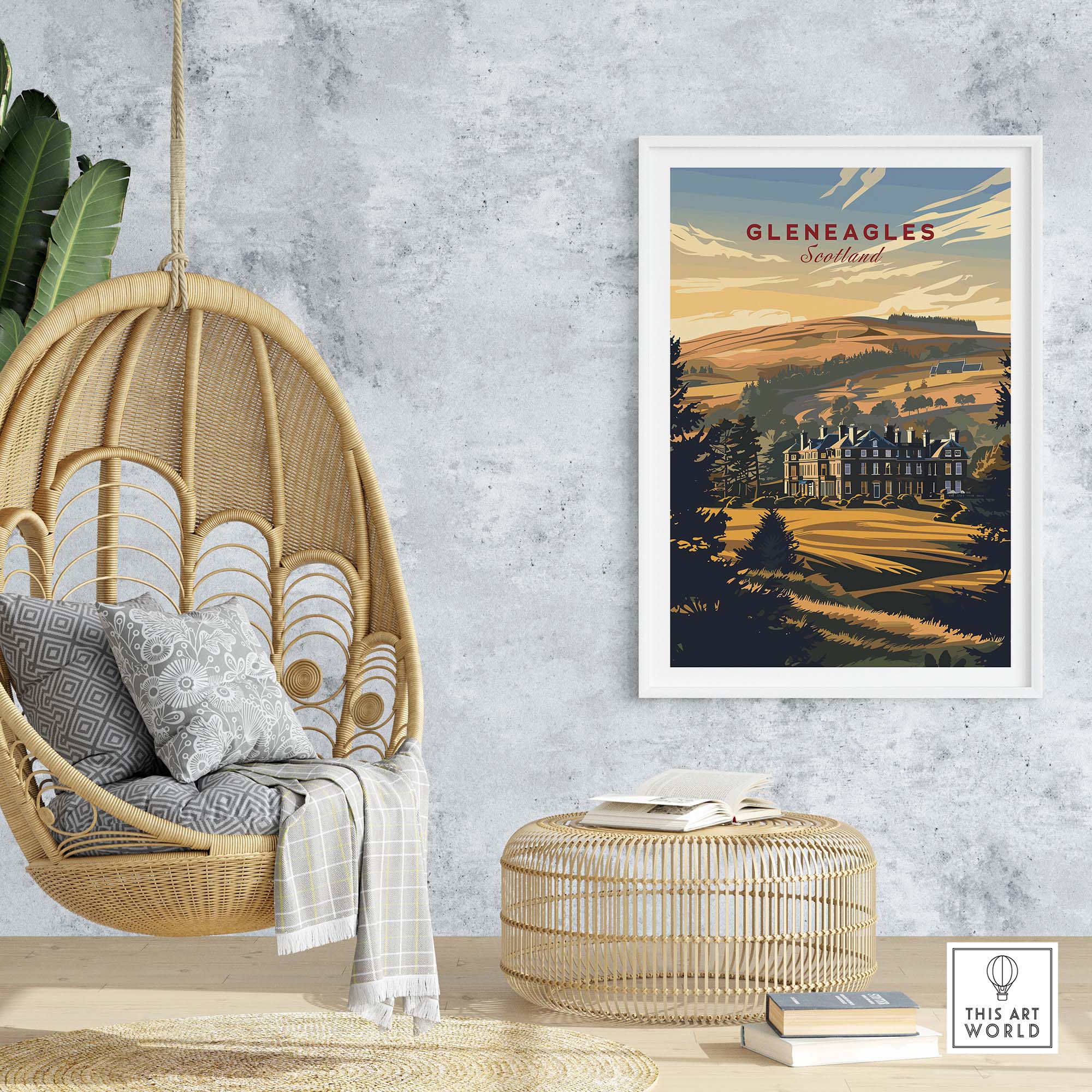 Gleneagles Poster Scotland featuring stunning landscape and iconic architecture in a cozy home setting.
