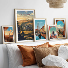 Gleneagles Poster Scotland displayed among other travel posters in a stylish home setting.