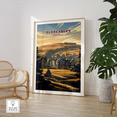 Gleneagles Poster Scotland showcased in a stylish interior, featuring the iconic landscape and architecture of Scotland.