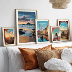 St Ives Bay Art Print - Godrevy Lighthouse Poster - Cornish Coastline Wall Art displayed on a cozy sofa with pillows.