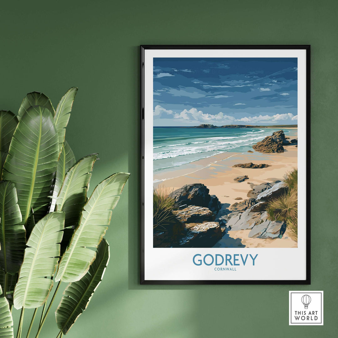 Godrevy Beach poster on wall showcasing Cornwall's coastline and seascape art, perfect for coastal decor.