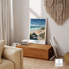 Godrevy Beach Poster - Cornwall Seascape Art Print - Coastal Travel Decor displayed in a cozy interior setting.