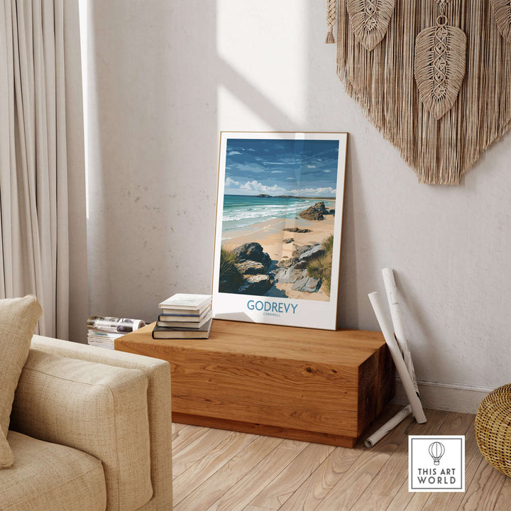 Godrevy Beach poster displayed in a stylish living room, showcasing Cornwall seascape art print decor.