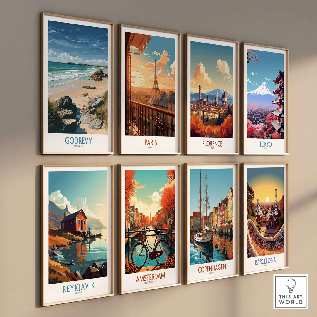 Gallery of travel posters featuring Godrevy Beach, Paris, Florence, Tokyo, Reykjavik, Amsterdam, Copenhagen, and Barcelona.