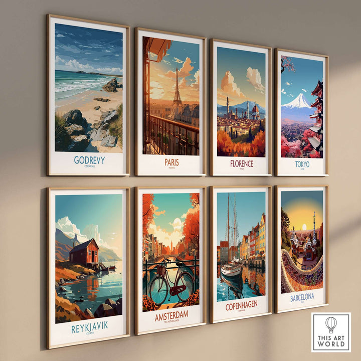 Gallery of travel posters featuring Godrevy Beach, Paris, Florence, Tokyo, Reykjavik, Amsterdam, Copenhagen, and Barcelona.