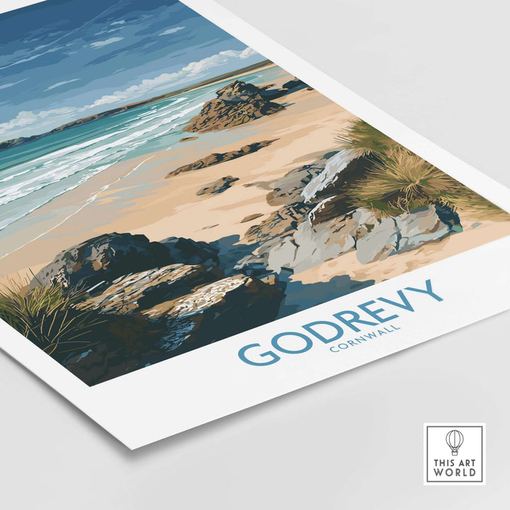 Godrevy Beach poster showcasing serene Cornwall coastline, featuring waves, sand, and rocks for coastal home decor.