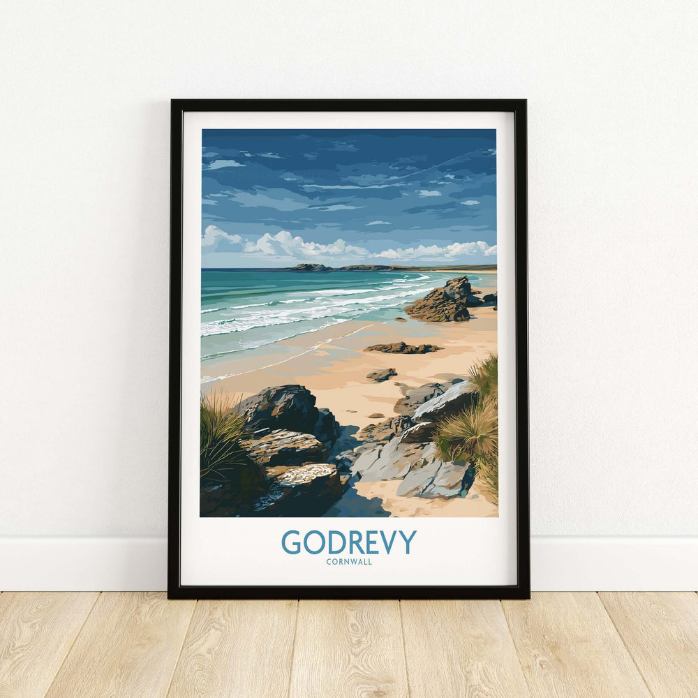 Godrevy Beach poster featuring Cornwall's seascape, framed art print showcasing tranquil coastal scenery.