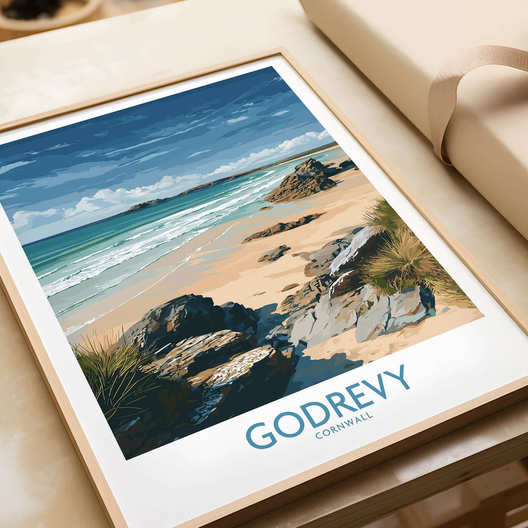 Godrevy Beach poster featuring scenic Cornwall coastline and tranquil waves, ideal coastal travel decor.
