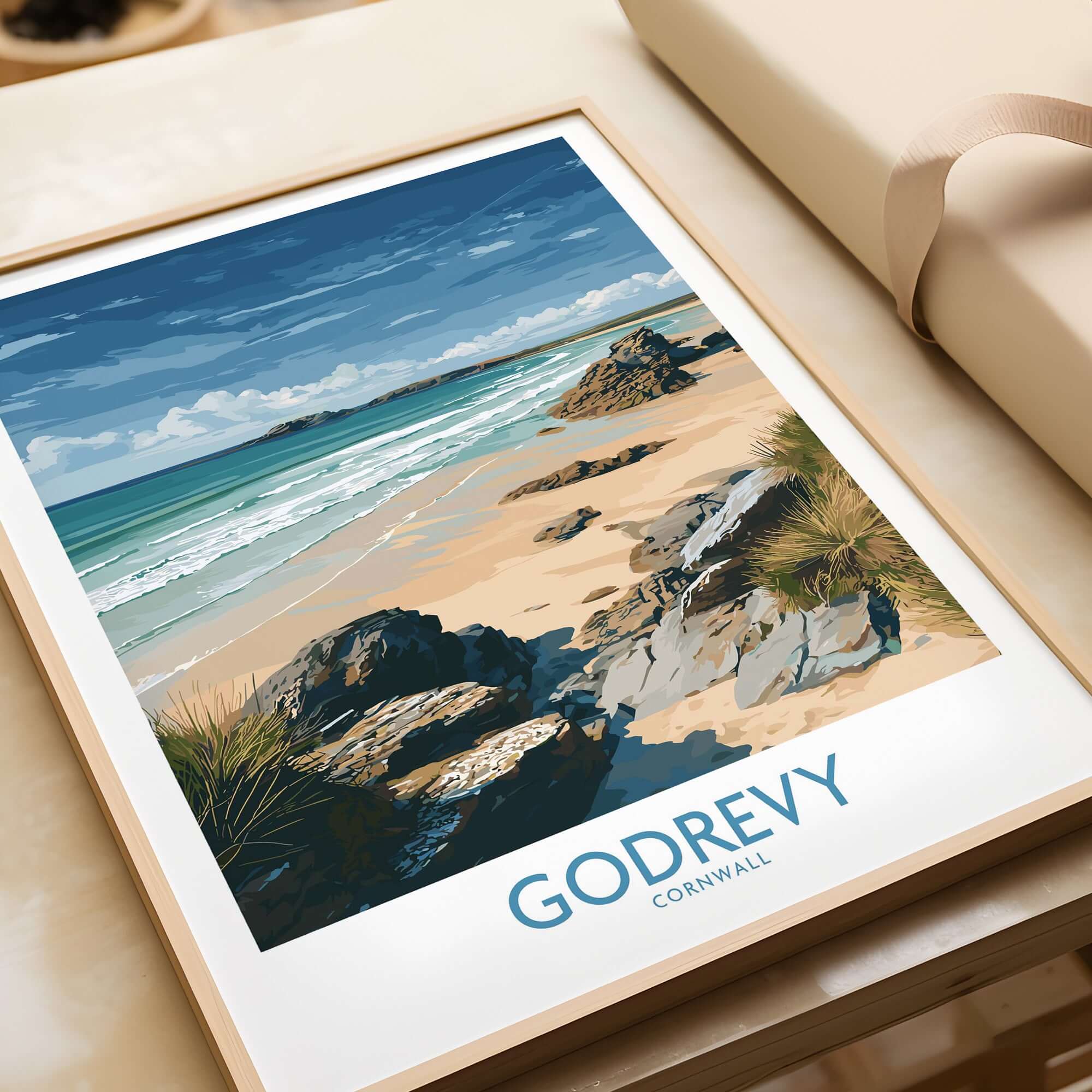 Godrevy Beach Poster - Cornwall Seascape Art Print - Coastal Travel Decor showcasing serene beach landscapes and waves.