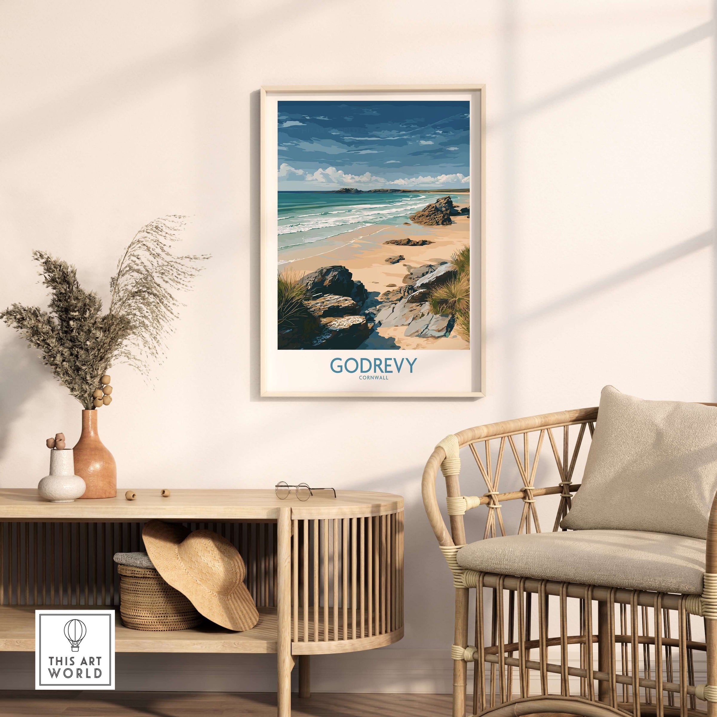 Godrevy Beach Poster - Cornwall Seascape Art Print - Coastal Travel Decor displayed in a cozy interior with rattan chair.