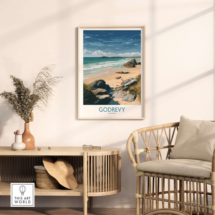 Godrevy Beach poster art print displayed in a cozy interior, showcasing Cornwall’s tranquil coastal scenery.