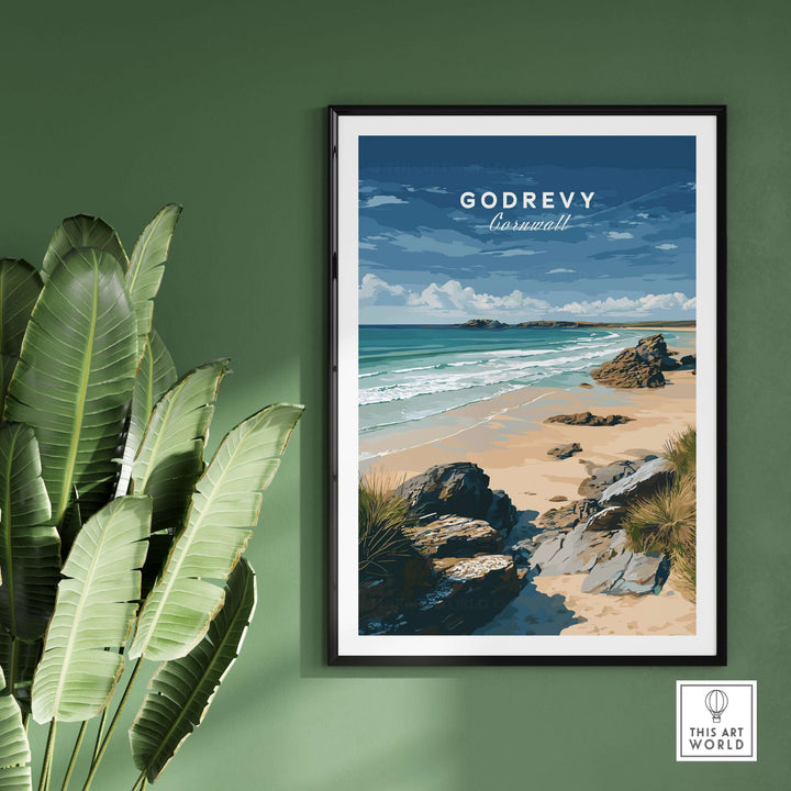 Godrevy Beach poster featuring the stunning North Cornwall coastline and iconic lighthouse, ideal for wall decor.