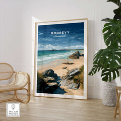 Godrevy Beach Poster - North Cornwall Coast Wall Decor showcasing coastal scenery and a lighthouse on a serene beach.