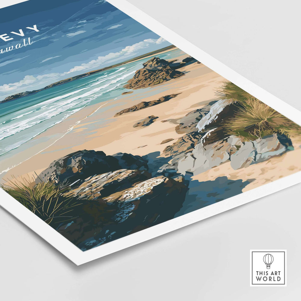 Godrevy Beach poster featuring a serene coastal scene of sand, rocks, and waves in North Cornwall.
