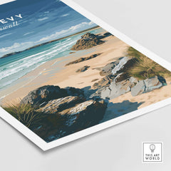 Godrevy Beach Poster - North Cornwall Coast Wall Decor featuring a serene coastal view with rocks and sandy beach.