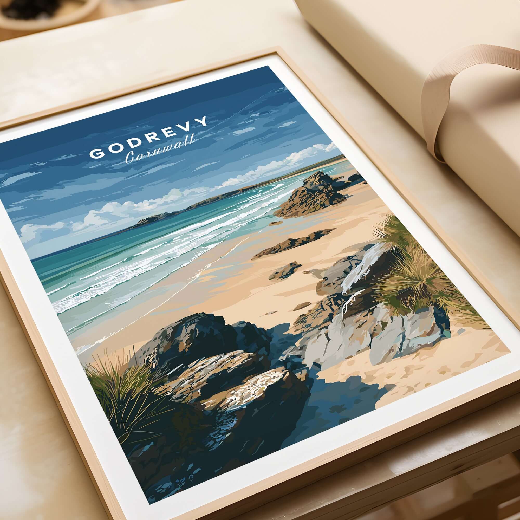 Godrevy Beach Poster - North Cornwall Coast Wall Decor featuring a serene beach landscape and rocky coastline.
