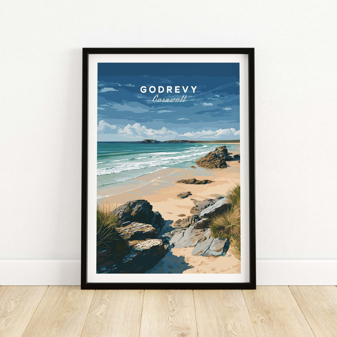 Godrevy Beach poster featuring serene coastline and lighthouse, perfect for coastal decor.