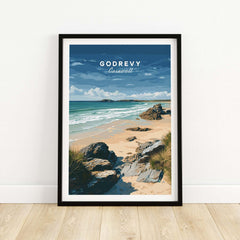 Godrevy Beach Poster - North Cornwall Coast Wall Decor featuring scenic beach view with rocks and waves.