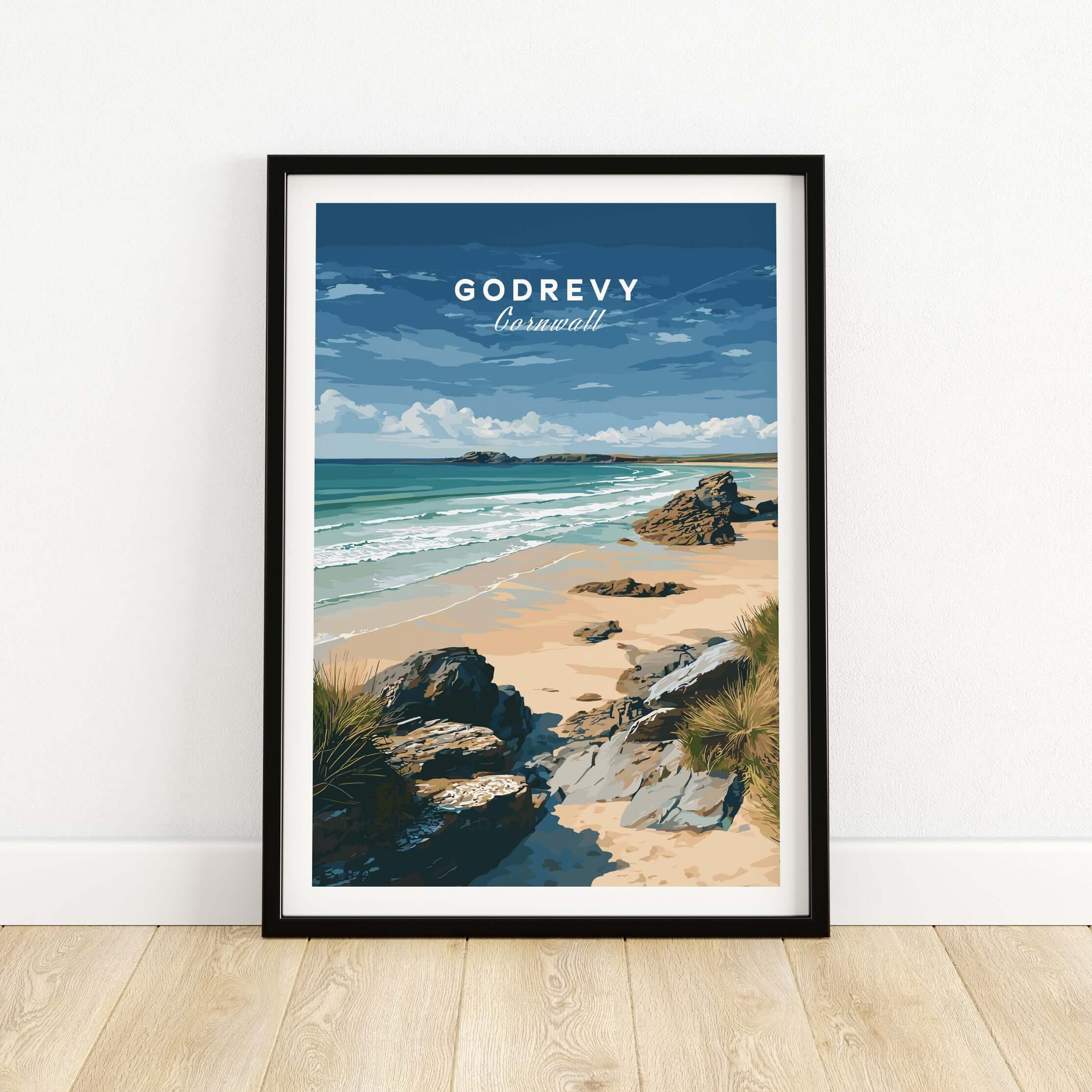 Godrevy Beach Poster - North Cornwall Coast Wall Decor featuring scenic beach view with rocks and waves.