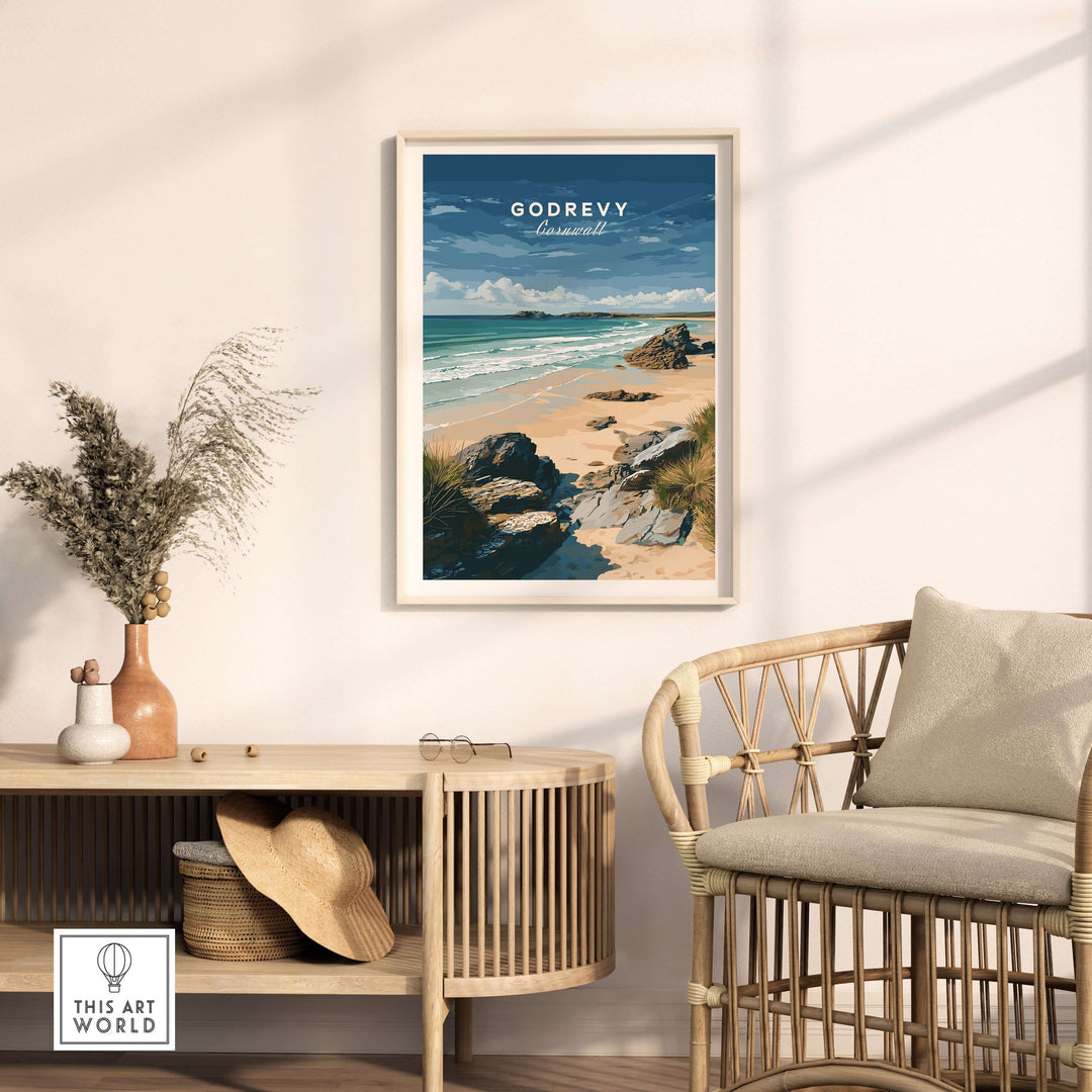 Godrevy Beach poster featuring serene coastal scene with rocks and lighthouse, perfect wall decor for beach lovers.