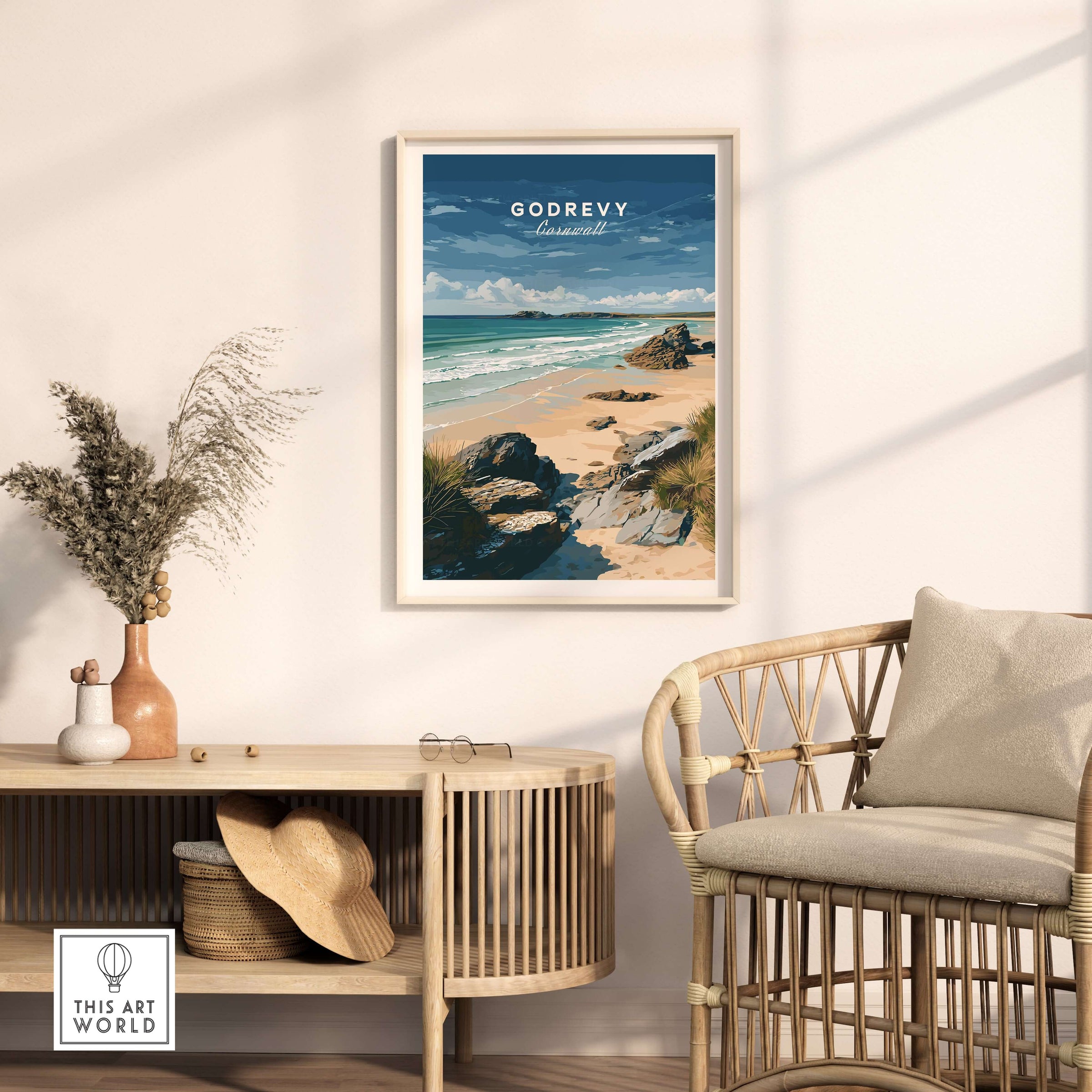 Godrevy Beach Poster - North Cornwall Coast Wall Decor showcased in a stylish interior with a serene coastal vibe.