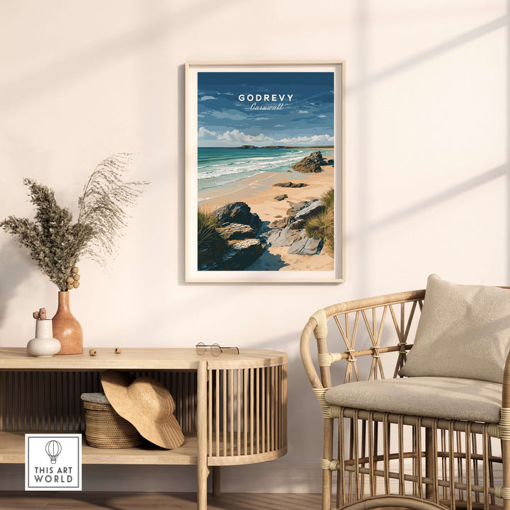 Godrevy Beach poster featuring serene coastal scene with rocks and lighthouse, perfect wall decor for beach lovers.